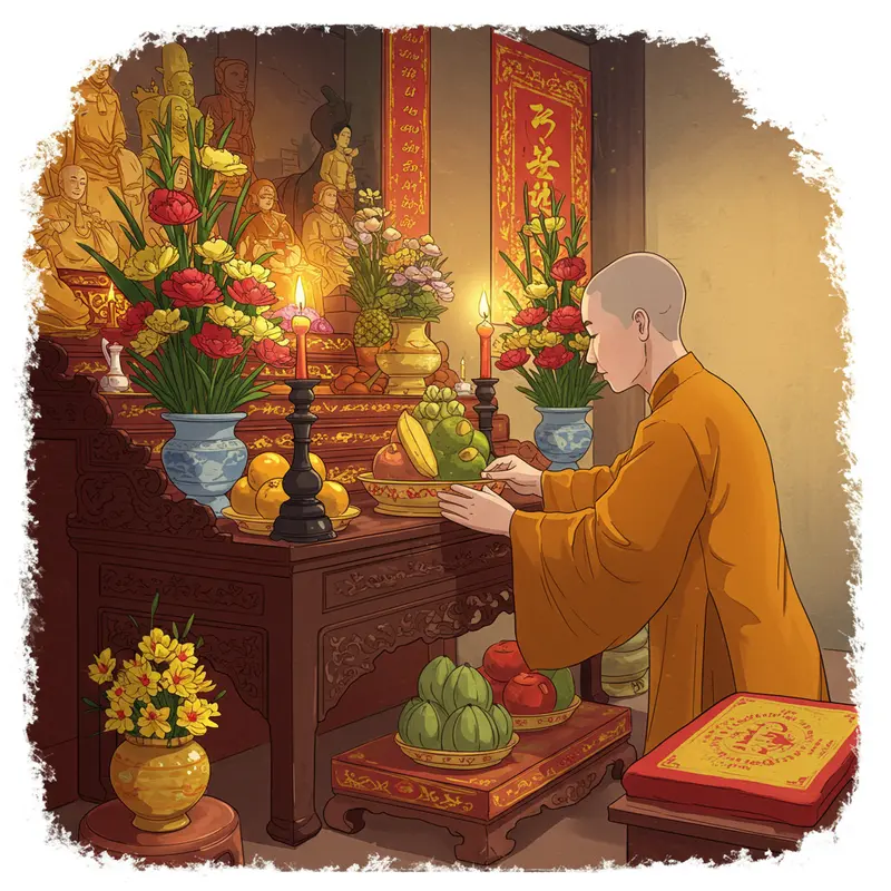 Không gian bàn thờ gia tiên ấm cúng, trang nghiêm trong ngày Tết.