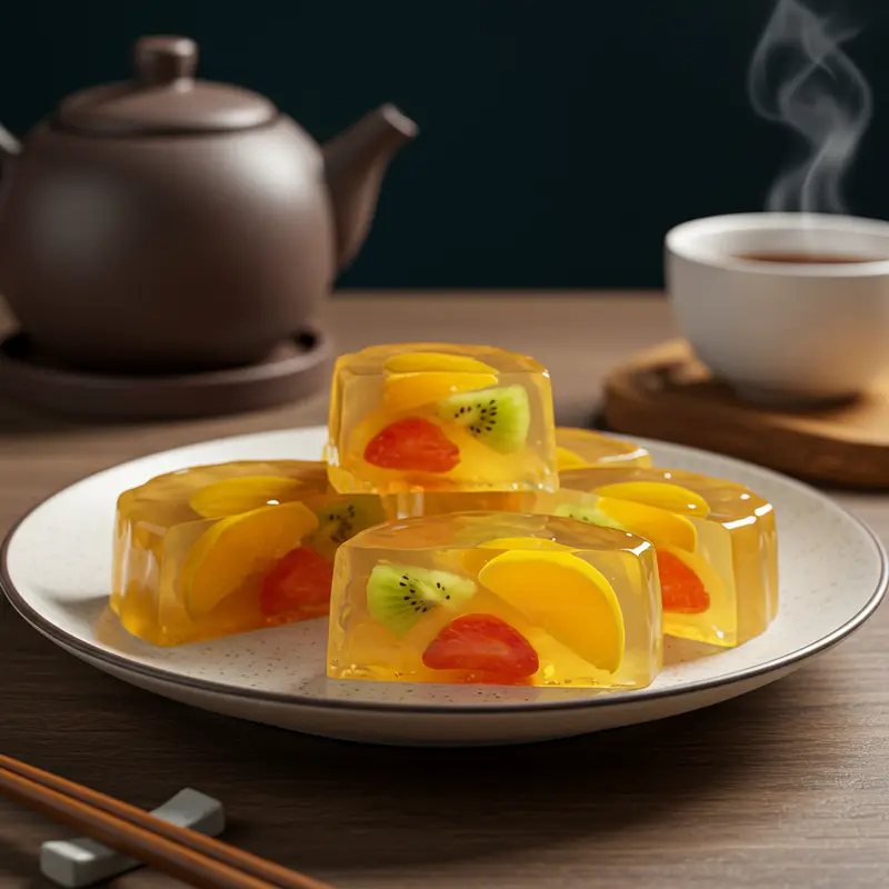 Bàn trà Trung Thu với bánh trung thu rau câu và đèn lồng truyền thống