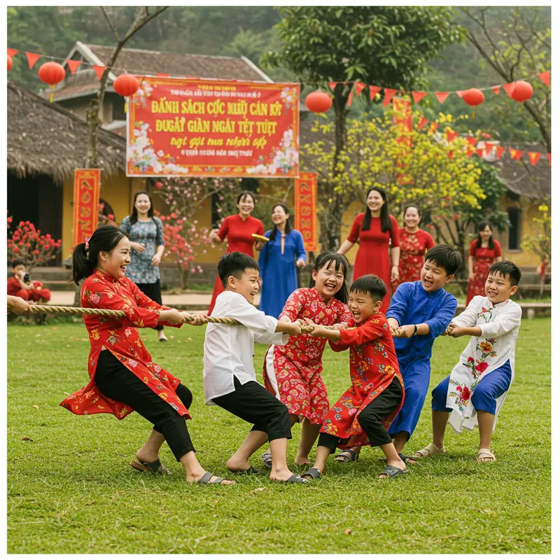 Gia đình nhiều thế hệ sum vầy chơi trò dân gian dịp Tết.