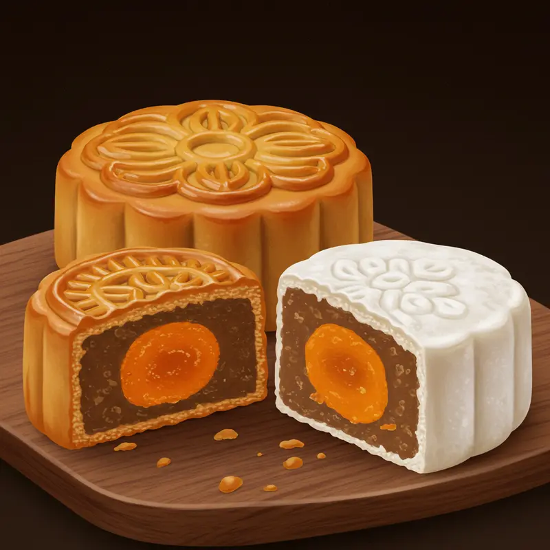 Mâm cỗ Trung Thu với bánh nướng và bánh dẻo truyền thống.