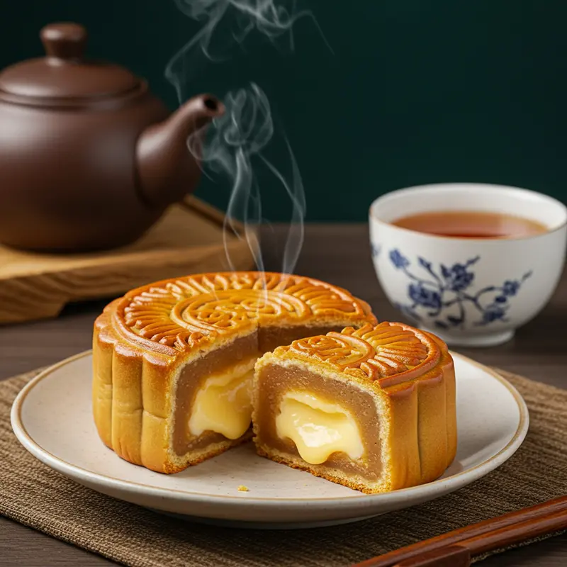 Bánh trung thu lava phô mai tan chảy cạnh bánh trung thu truyền thống.