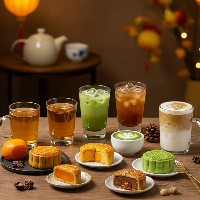 Bánh Trung thu nhân sáng tạo và nhiều loại trà, thức uống hiện đại bên nhau.