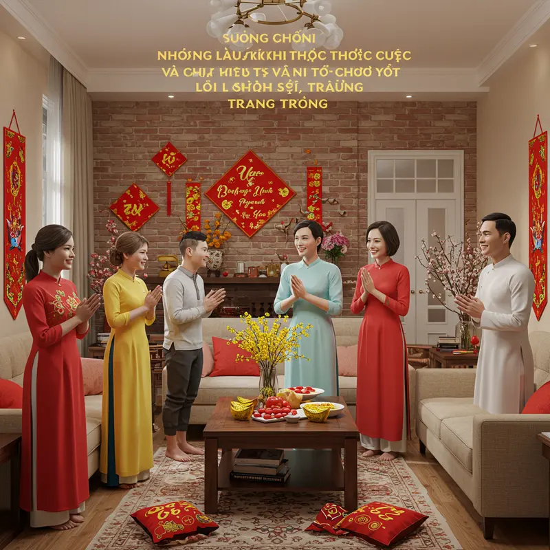 Gia đình chuẩn bị quà Tết, trang phục chỉn chu và bao lì xì đỏ truyền thống.