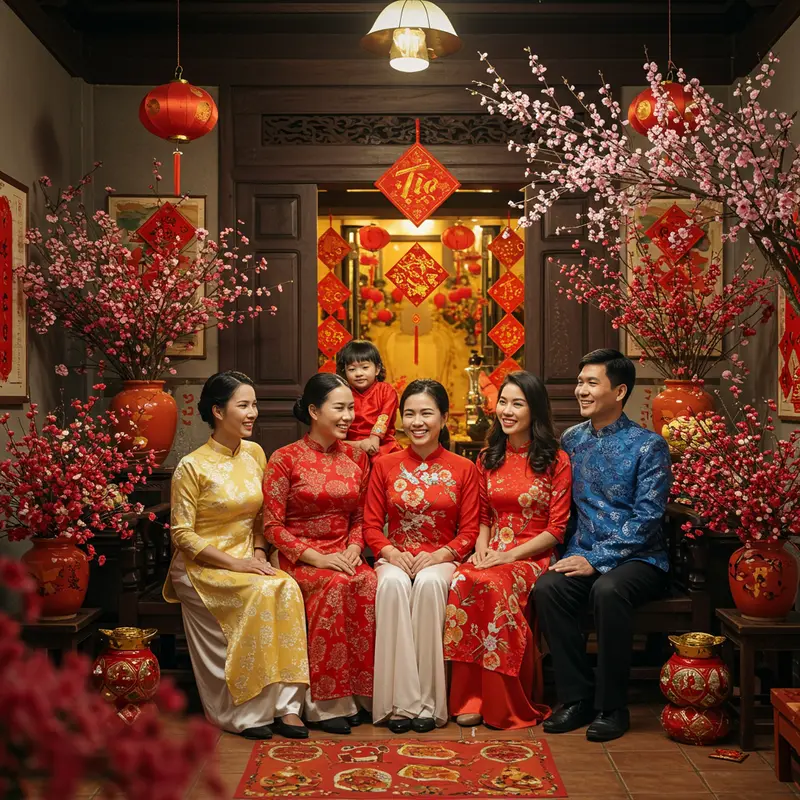 Nội thất nhà Việt trang hoàng Tết, mai vàng, câu đối đỏ, gia đình sum vầy trong bộ áo dài.