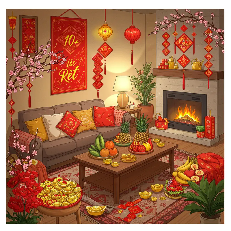 Phòng khách và phòng bếp ngập tràn sắc xuân với hoa, đèn lồng, mâm quả ngày Tết, không khí đoàn viên, ấm cúng.