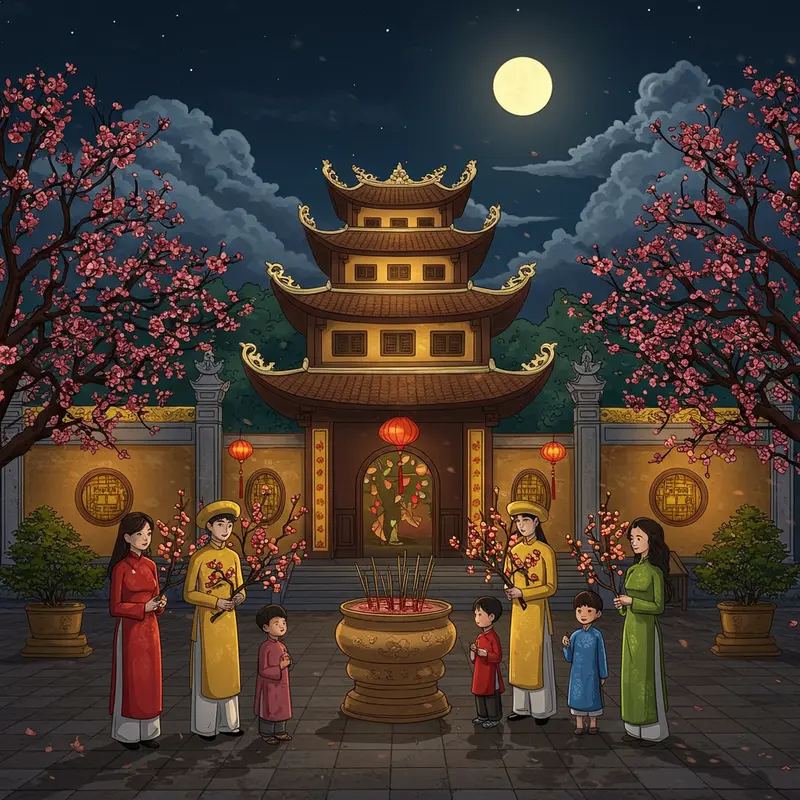 Mọi người hái lộc đầu năm tại sân chùa với nụ cười vui tươi.