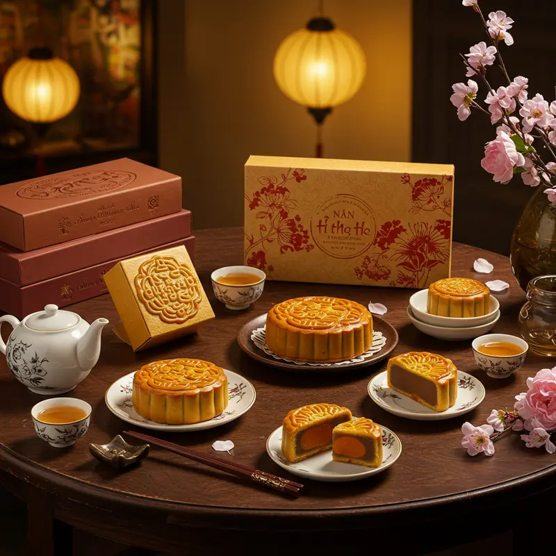 Bánh Trung Thu handmade bày trên bàn cùng trà, hoa, và đèn lồng trong không gian ấm áp