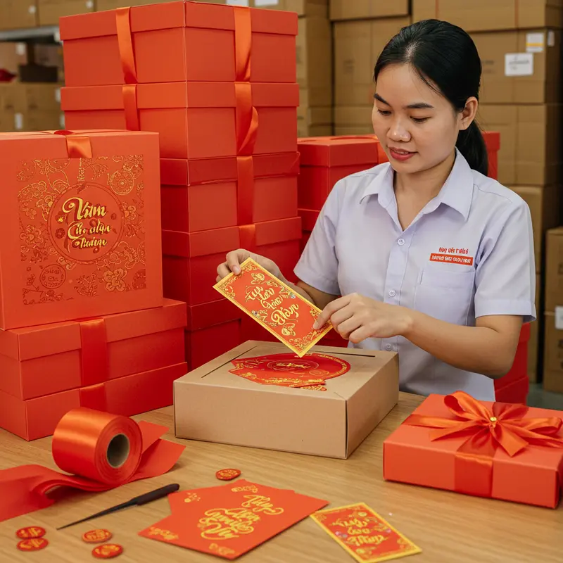 Nhà thiết kế sáng tạo mẫu hộp quà Tết với màu sắc và biểu tượng truyền thống.