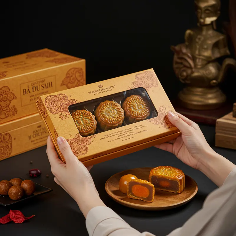Bánh Trung Thu cao cấp được trình bày trong hộp sang trọng.
