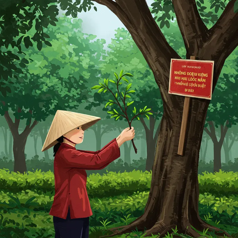 Mọi người hái lộc đầu năm tại sân chùa với nụ cười vui tươi.