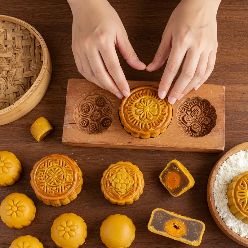 Bánh nướng Trung Thu nhân đậu xanh trứng muối và khung cảnh truyền thống dịp Tết Trung Thu