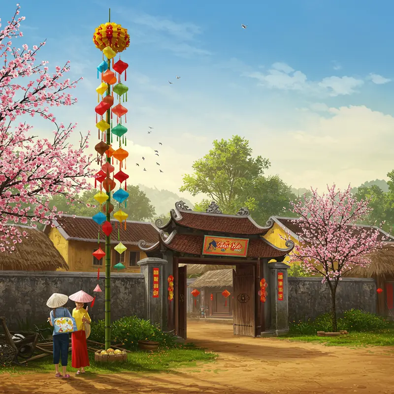 Cây nêu truyền thống dựng ở cổng làng dịp Tết.