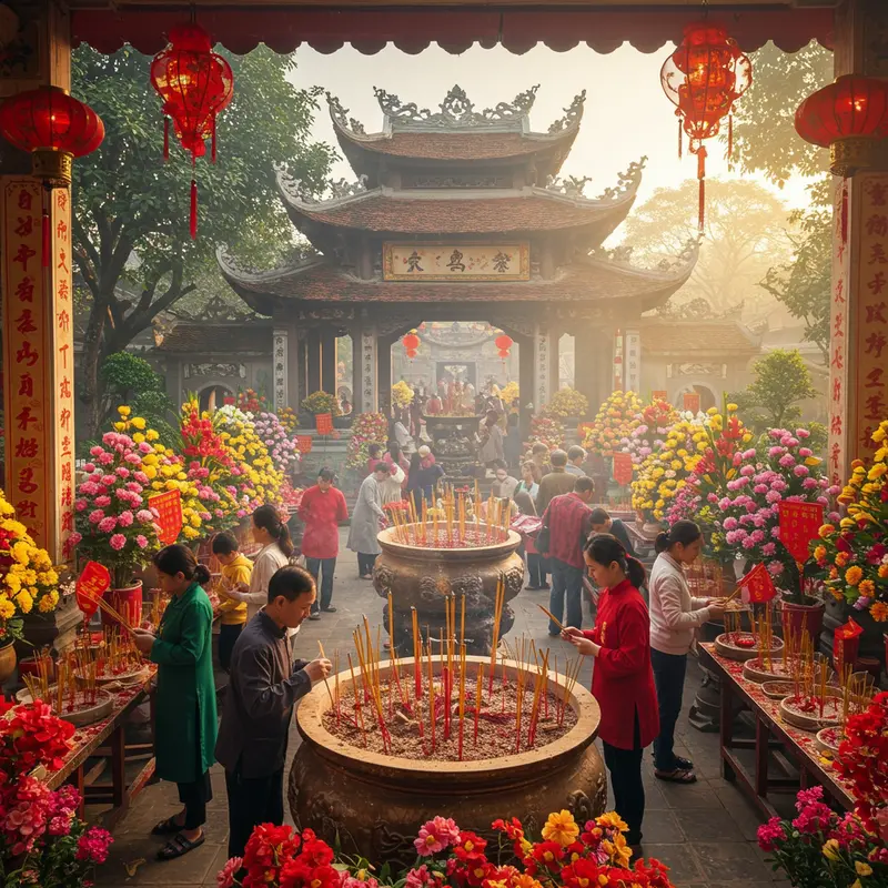 Không khí nhộn nhịp và linh thiêng tại chùa vào dịp Tết.