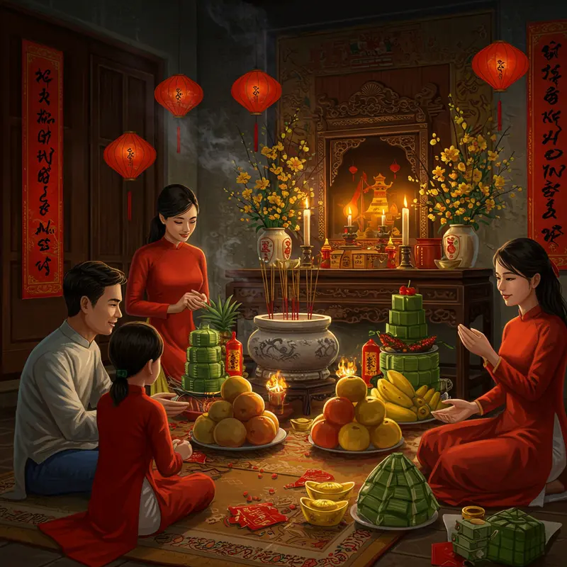 Gia đình Việt sum vầy bên bàn cúng giao thừa với hương khói, hoa quả và bánh chưng.