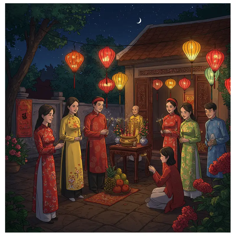 Gia đình Việt quây quần thực hiện Lễ cúng Giao Thừa trong không khí ấm cúng.