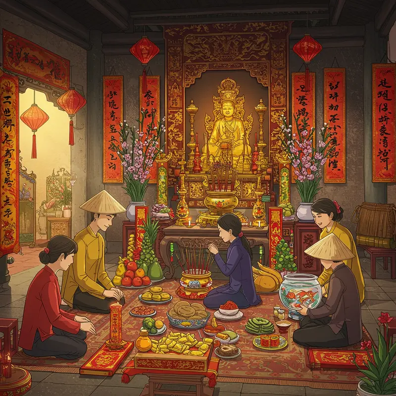 Gia đình Việt chuẩn bị mâm lễ cúng Ông Công Ông Táo trên bàn thờ truyền thống, ánh sáng ấm áp.