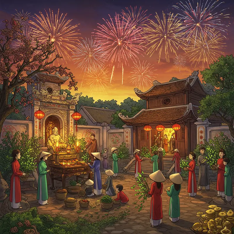 Gia đình Việt sum vầy đón giao thừa cùng pháo hoa rực rỡ và nghi lễ truyền thống.