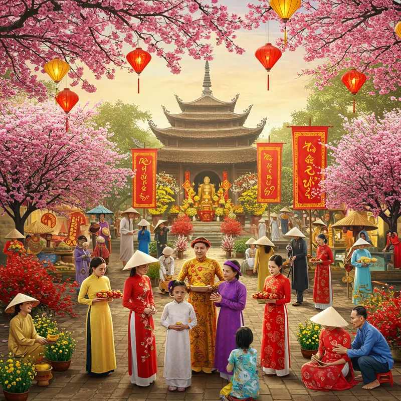 Hình ảnh tổng hòa các lễ hội Tết: gia đình sum vầy, hội làng, chợ hoa, lễ chùa, không khí rộn ràng mùa xuân.