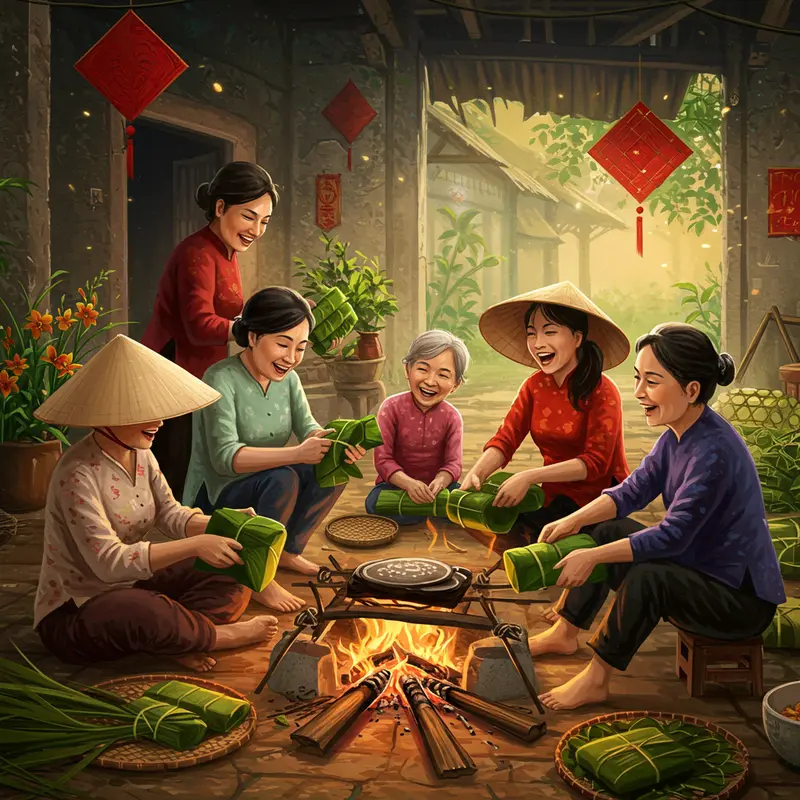 Khung cảnh làng quê rực rỡ ngày Tết, mọi người sum họp bên mai đào và câu đối đỏ.