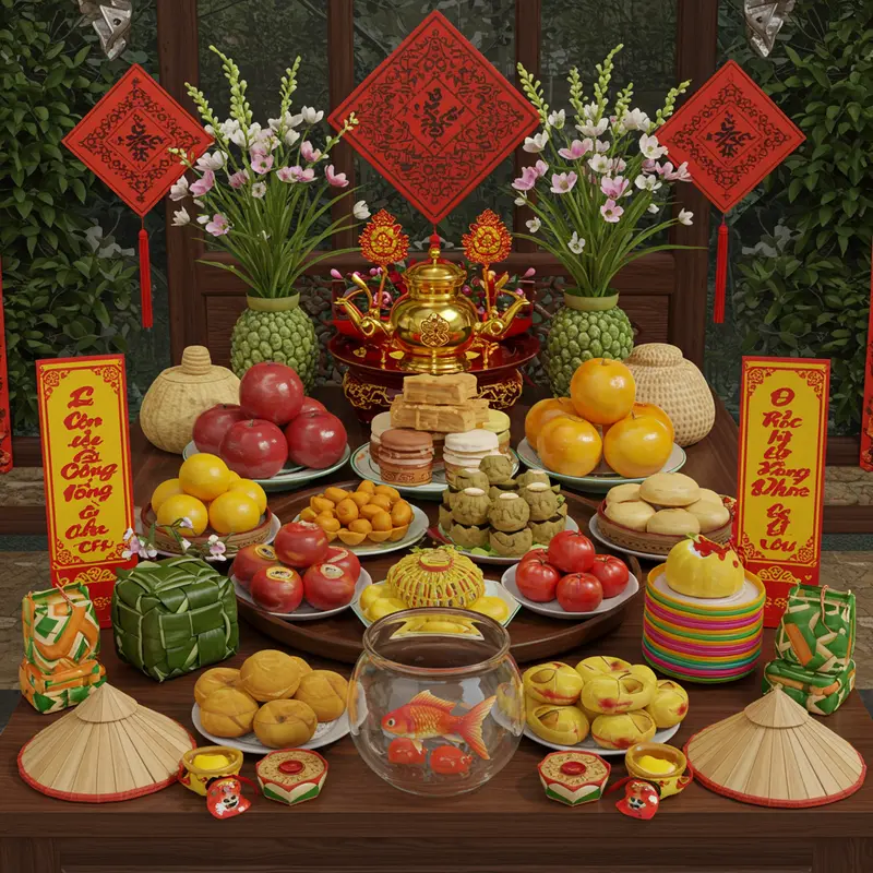 Mâm cúng và bàn thờ Ông Công Ông Táo trang trọng trong bếp Việt Nam.