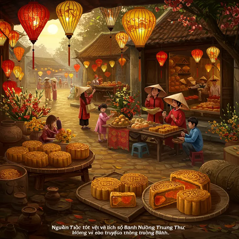 Cảnh tượng chợ truyền thống với bánh nướng Trung Thu và lồng đèn rực rỡ