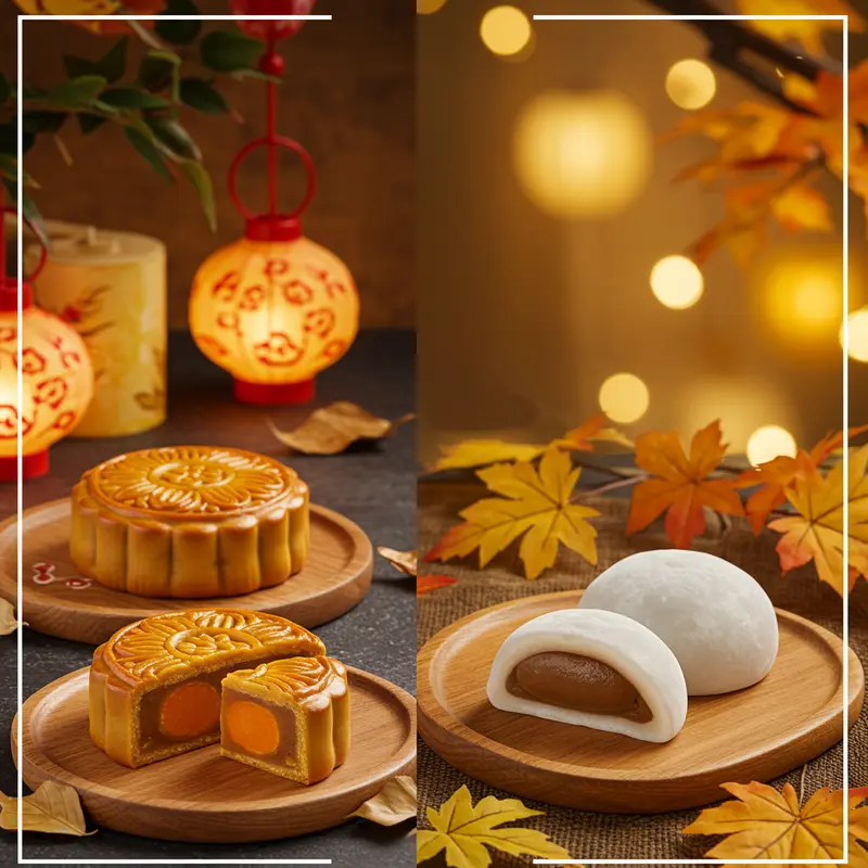 Hai loại bánh trung thu với nét truyền thống và hiện đại đặt cạnh nhau.