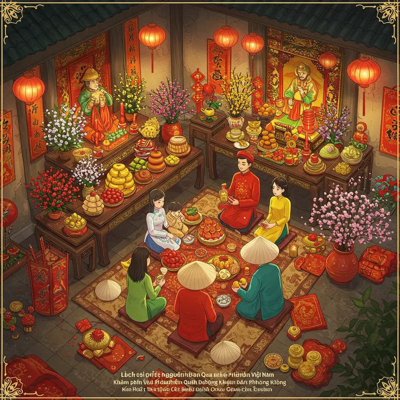 Toàn cảnh gia đình Việt quây quần bên bàn thờ tổ tiên và mâm cỗ Tết, tái hiện truyền thống lịch sử.