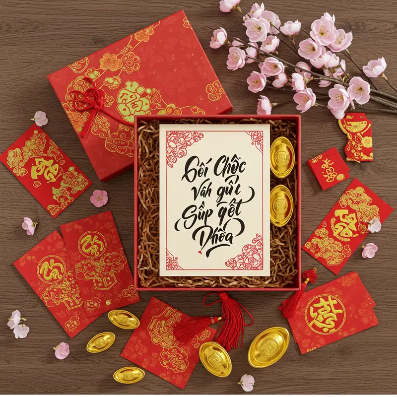 Bạn bè trao nhau hộp quà Tết trong không khí ấm áp đầu năm.