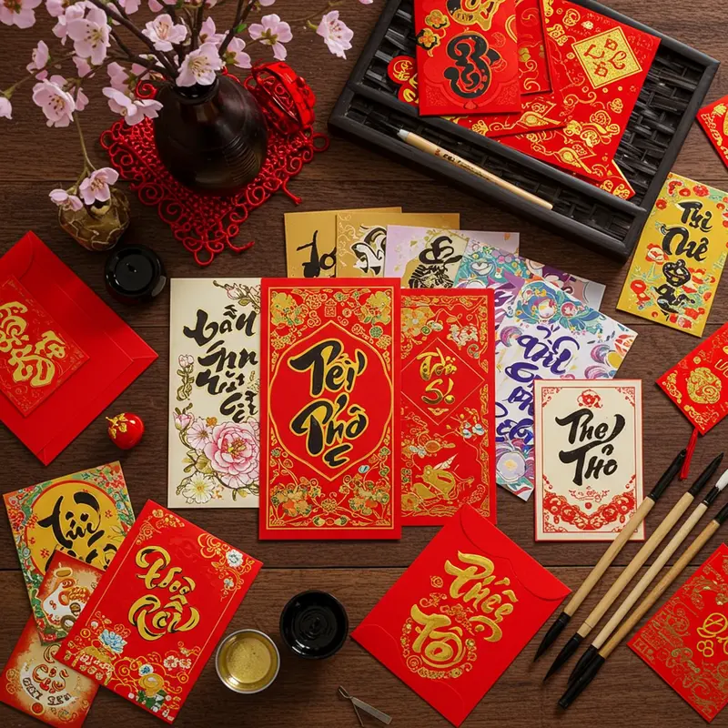 Gia đình chuẩn bị quà Tết, trang phục chỉn chu và bao lì xì đỏ truyền thống.