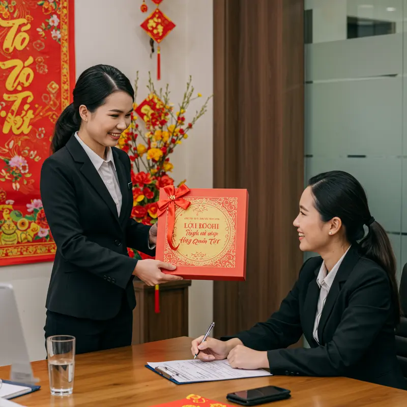 Hộp quà Tết được cá nhân hóa với logo doanh nghiệp và thông điệp tri ân.