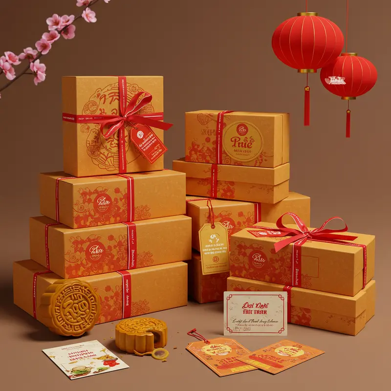 Bánh trung thu đẹp mắt trong hộp sang trọng tại văn phòng doanh nghiệp.