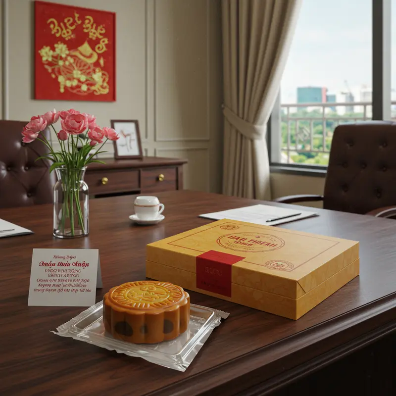 Hộp bánh trung thu cao cấp trên bàn làm việc, tạo không khí trang trọng.