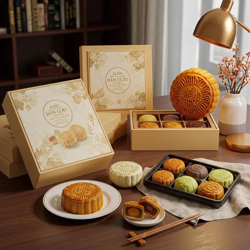 Bánh trung thu chay được trưng bày thanh lịch trong môi trường doanh nghiệp hiện đại.