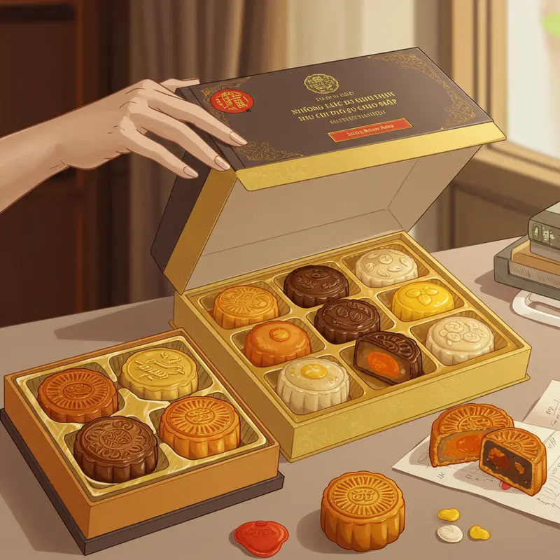 Hộp bánh trung thu cao cấp trên bàn làm việc, tạo không khí trang trọng.