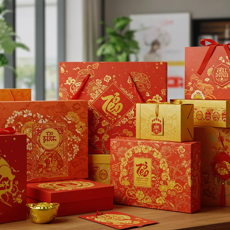 Đối tác trao tặng hộp quà Tết trong không gian làm việc trang trọng.