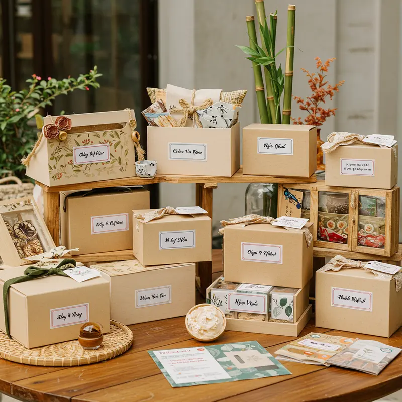 Gia đình sum vầy nhận hộp quà Tết xanh, lan tỏa thông điệp bảo vệ môi trường.