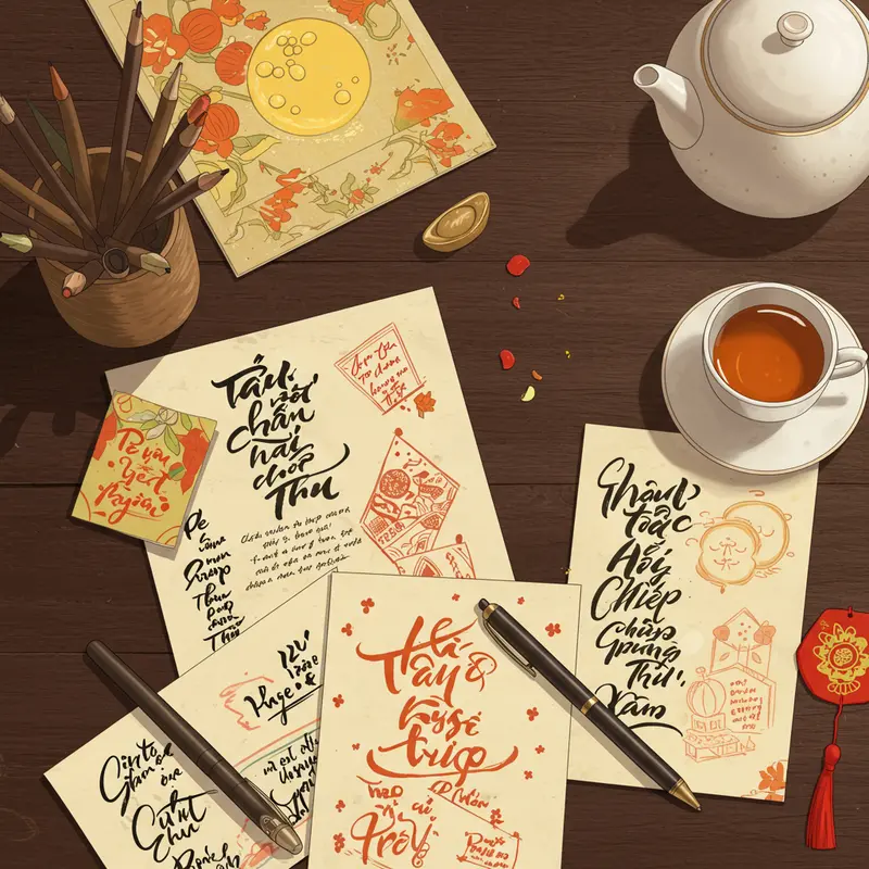 Thiệp Trung Thu sang trọng trên bàn làm việc, bên cạnh bánh Trung Thu và quà tặng.