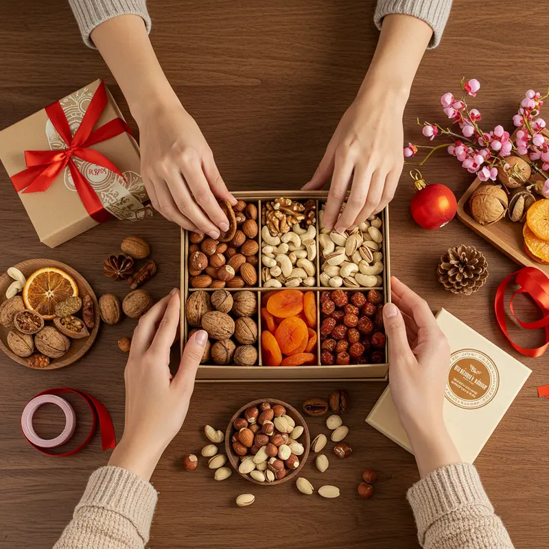 Hộp quà Tết đa dạng với các loại hạt và trái cây khô nổi bật giữa không gian trang trí ngày Tết.