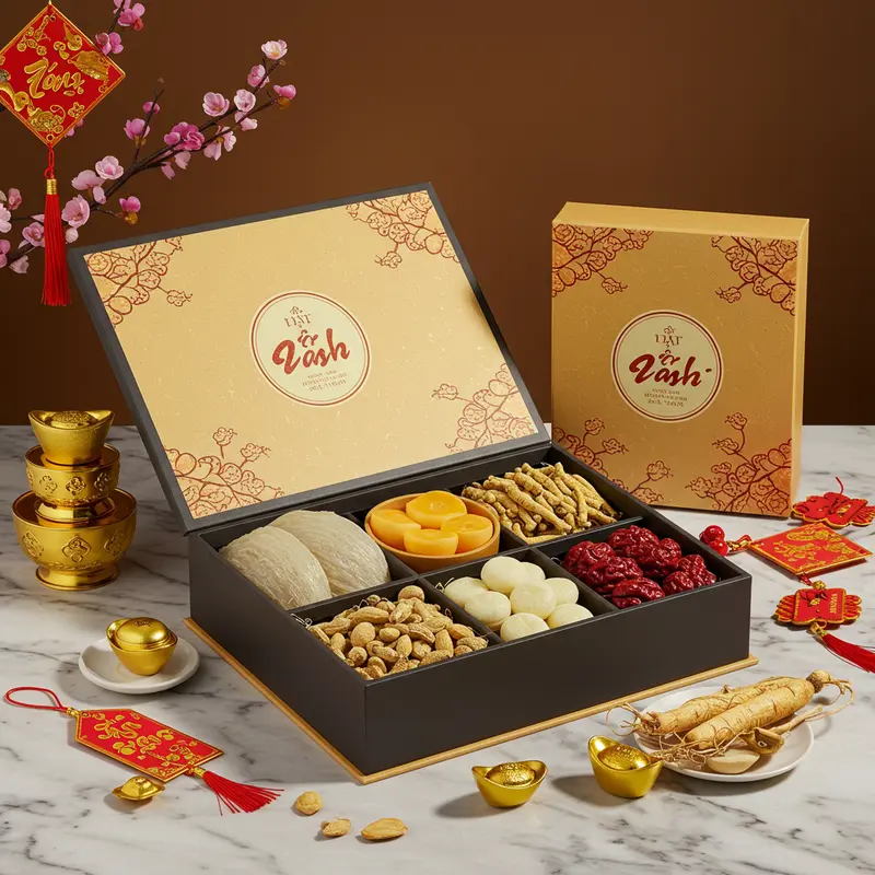 Hộp quà Tết sức khỏe bày biện bên hoa mai tươi sắc, tượng trưng cho sự cát tường.