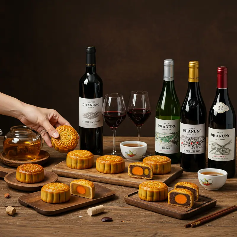 Hộp quà Trung Thu kết hợp bánh, trà và rượu vang cao cấp.