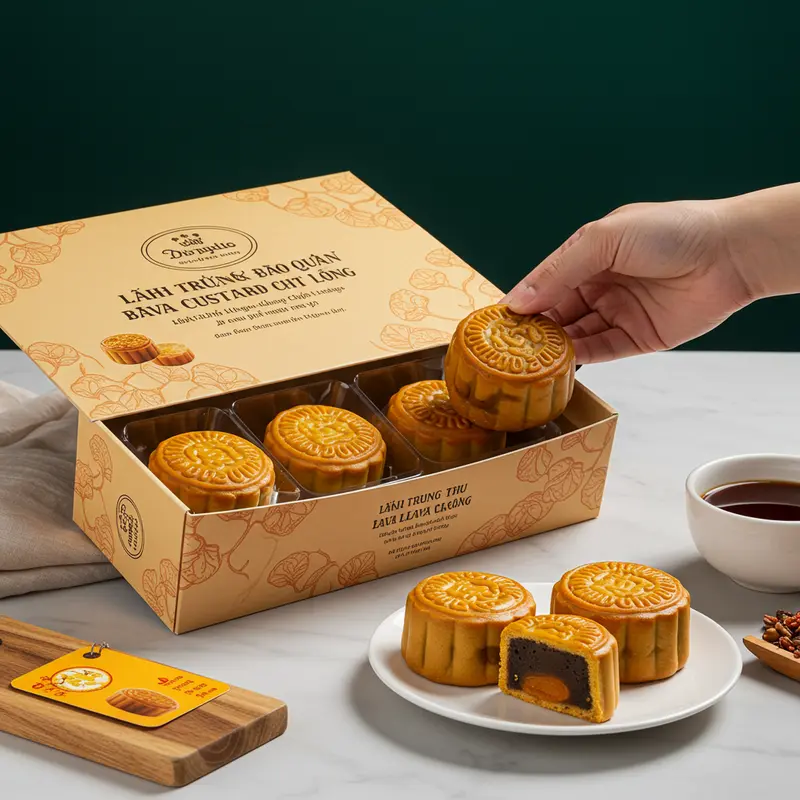 Bánh trung thu lava custard hiện đại với nhân kem trứng chảy.