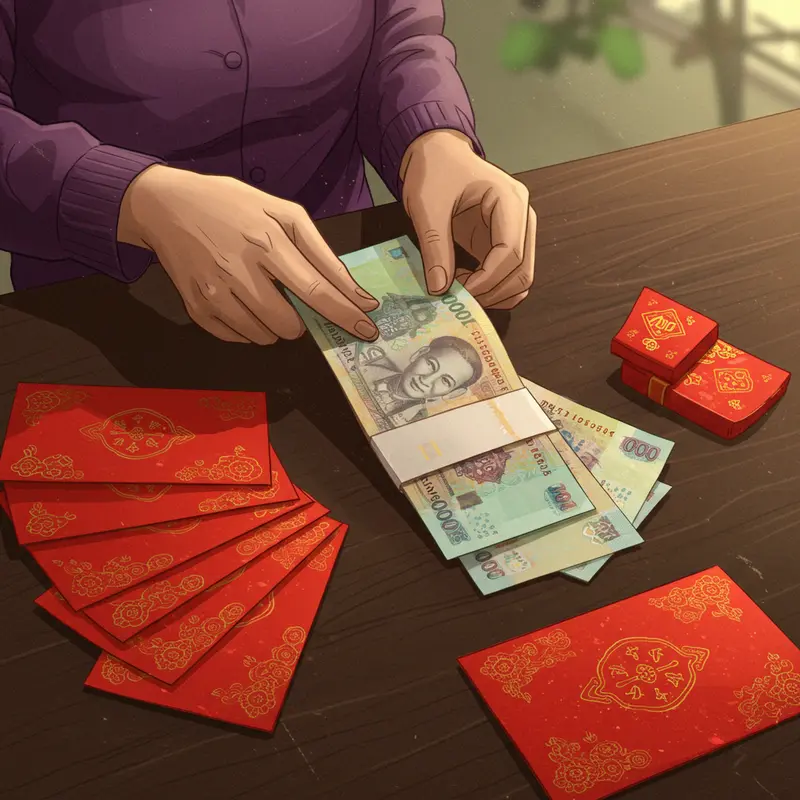 Gia đình Việt xưa trao lì xì trong ngôi nhà cổ truyền thống ngày Tết.