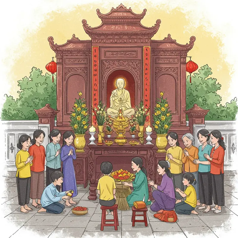 Không gian bàn thờ gia tiên ấm cúng, trang nghiêm trong ngày Tết.