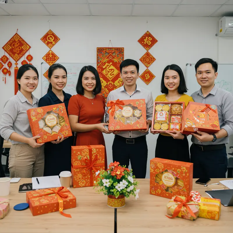 Hộp quà Tết sang trọng tạo không khí ấm áp nơi công sở.