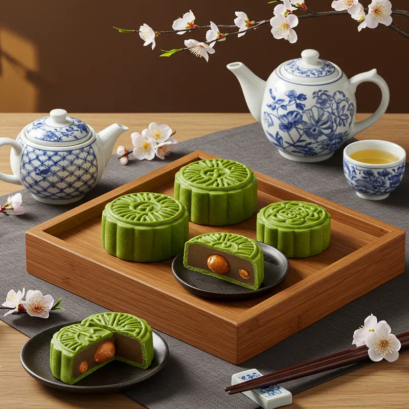 Khay gỗ với bánh trung thu mochi trà xanh trang trí đẹp, bên cạnh đồ gốm Nhật và cành hoa.