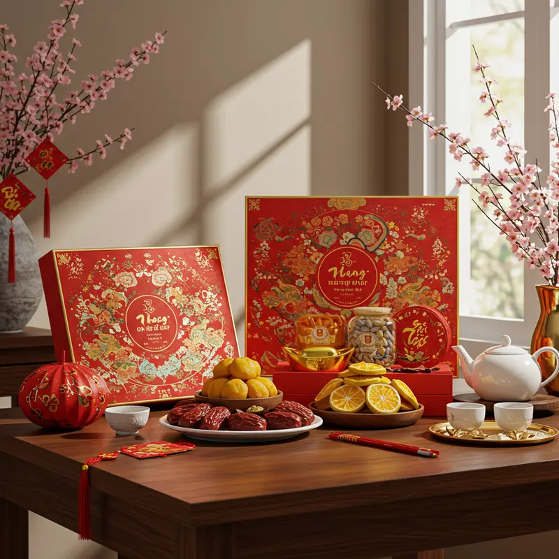 Bố cục hộp quà Tết cao cấp đặt trên bàn sang trọng với trang trí lễ hội tinh tế.