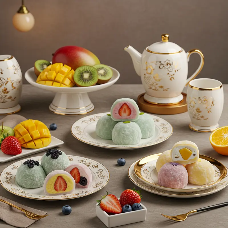 Khay mochi trái cây đủ màu sắc và nhân dâu, việt quất, xoài, bày trên đĩa sứ sang trọng.