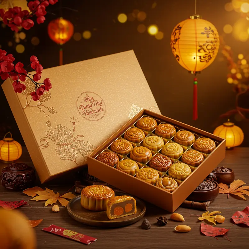 Hộp bánh trung thu thủ công nhiều loại được mở trên bàn gỗ, cạnh đèn lồng và lá mùa thu.