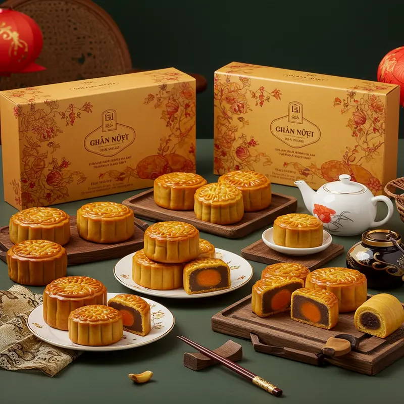 Bánh trung thu cao cấp với lớp vỏ vàng óng và hộp quà sang trọng.