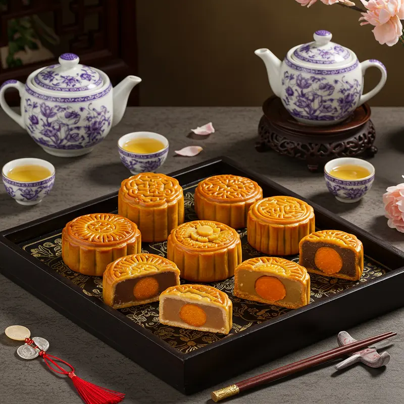 Bánh Trung Thu nhân yến sào, vi cá, bào ngư, bày biện sang trọng trên khay vuông.